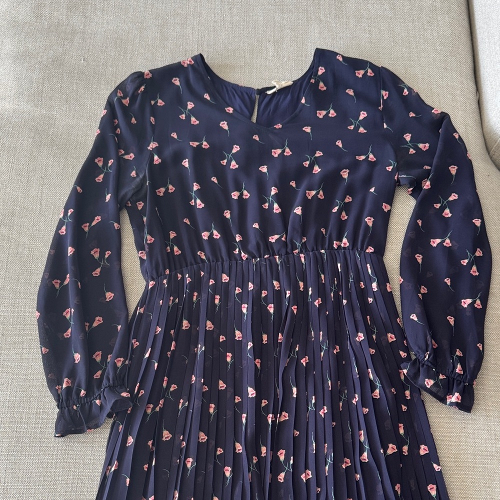 Navy and Floral  Pleated Long-Sleeve Dress